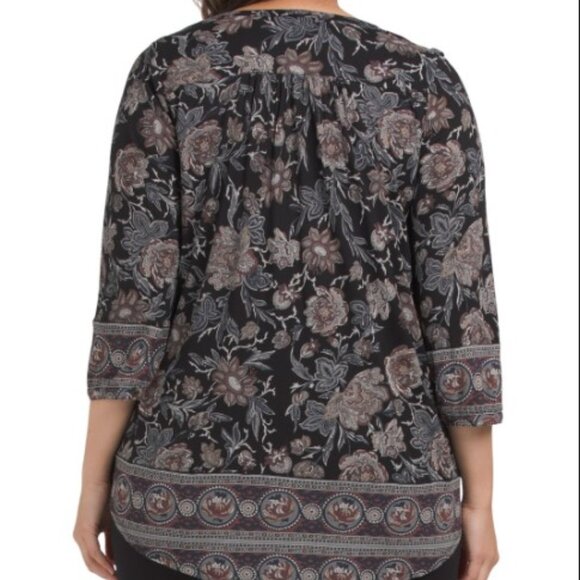 NWT Lucky Brand Plus Size Boho Floral Border Top 1X MSRP $69.50 Black Multi - Picture 2 of 8